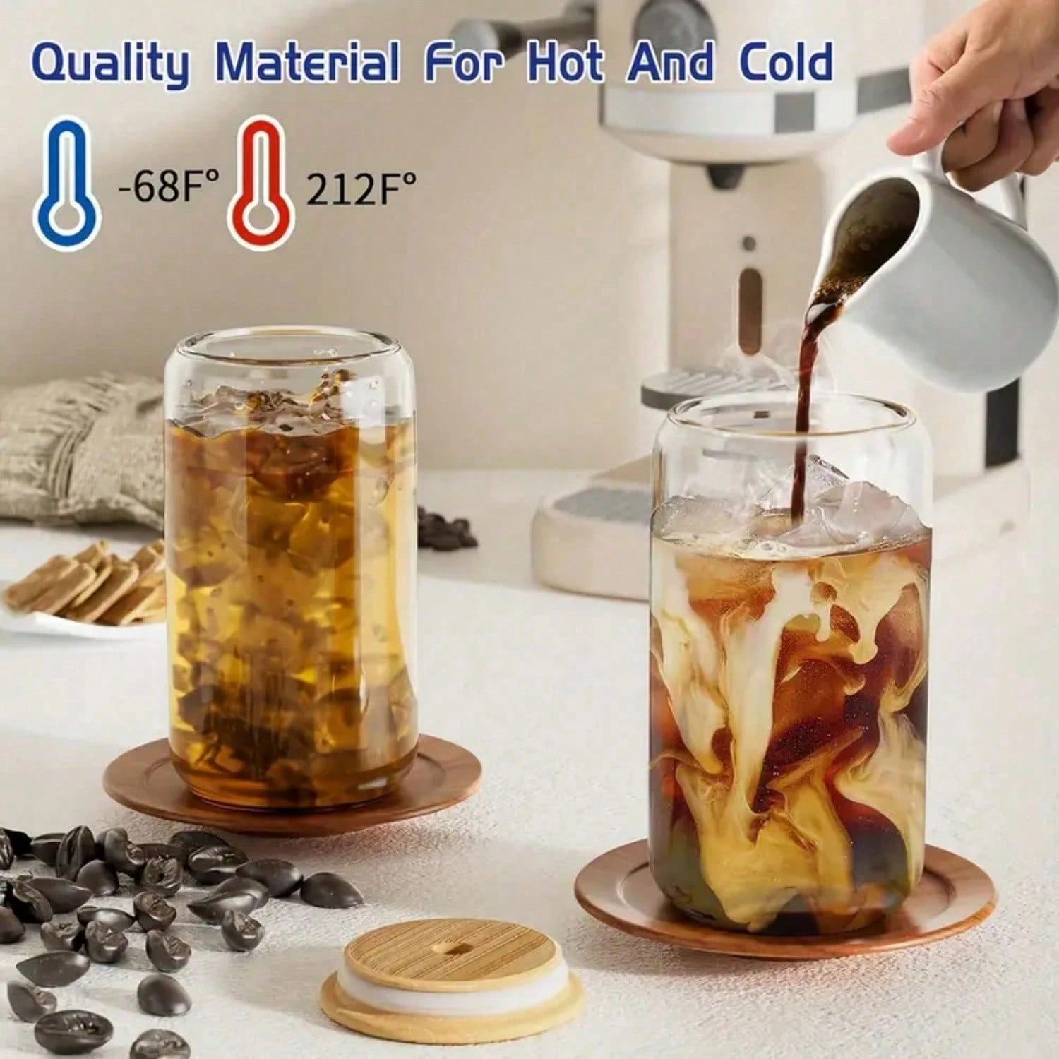 Coffee Tea Boba - 8pc, Glass Cup With Bamboo Lid