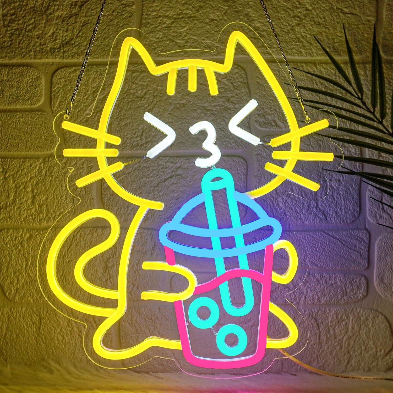 Coffee Tea Boba - Cat Boba Tea Neon Sign Cute