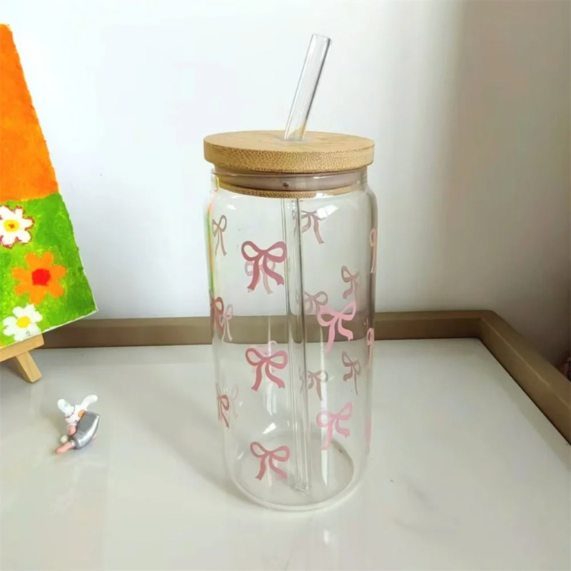 1pc Cute Bow Glass Cup 500ml T - Coffee Tea Jars ulasan dan harga