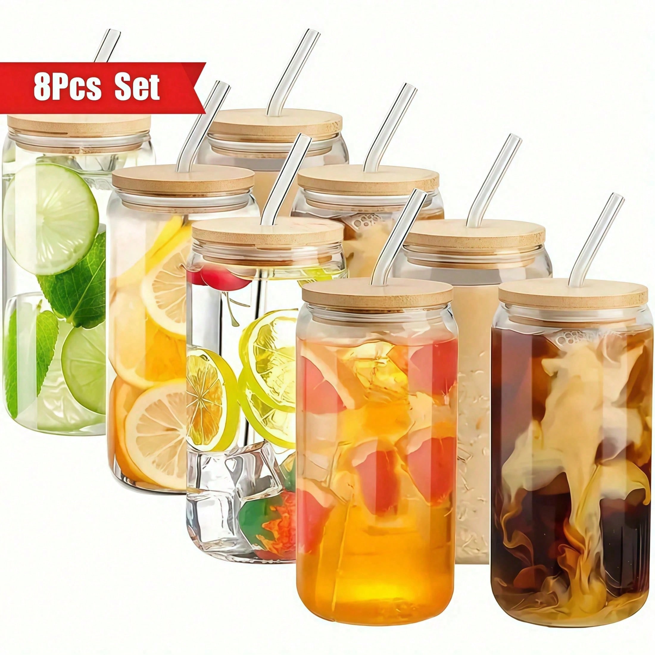 8pc, Glass Cup With Bamboo Lid - Coffee Tea Boba ulasan dan harga