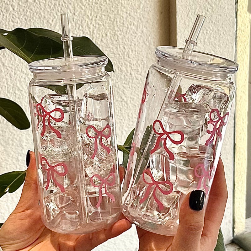Cute Pink Bow Plastic Cup With - Coffee Tea Jars ulasan dan harga