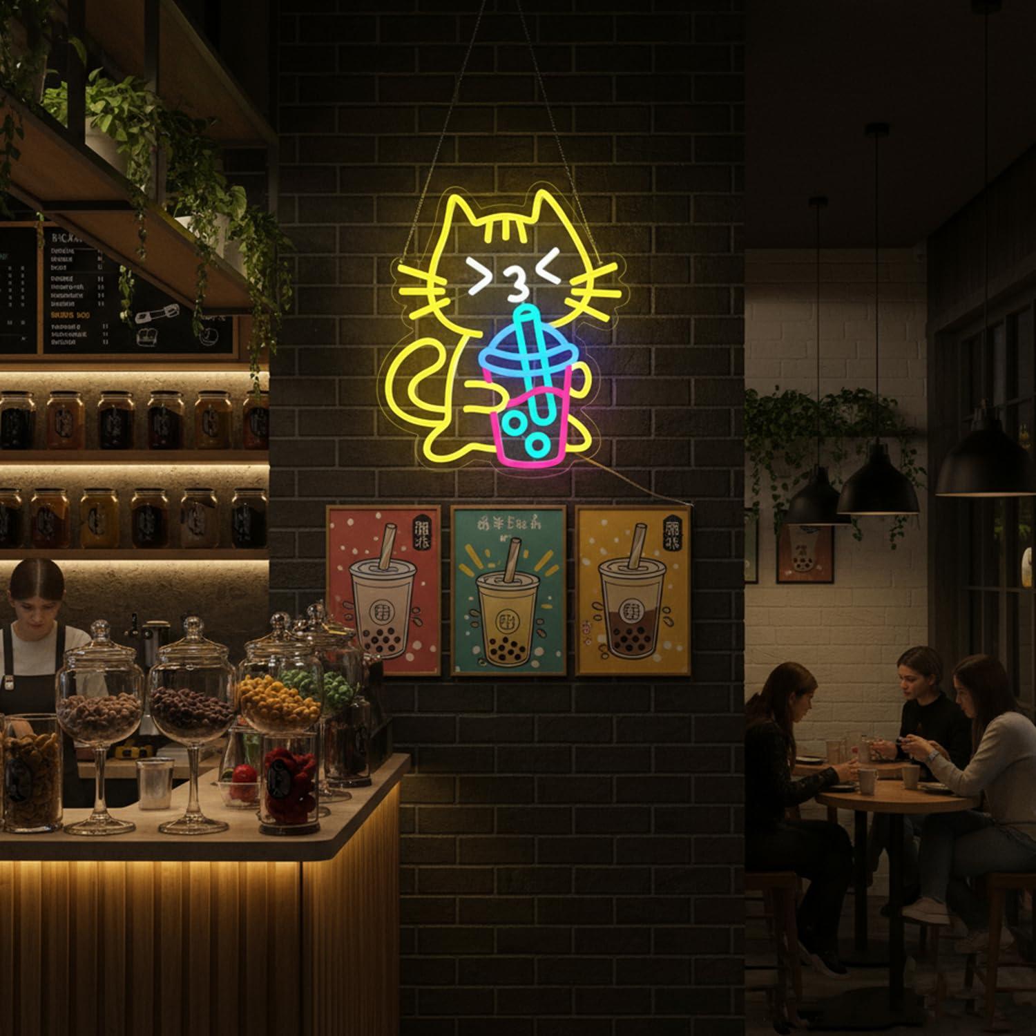 Cat Boba Tea Neon Sign Cute An - Coffee Tea Boba ulasan dan harga