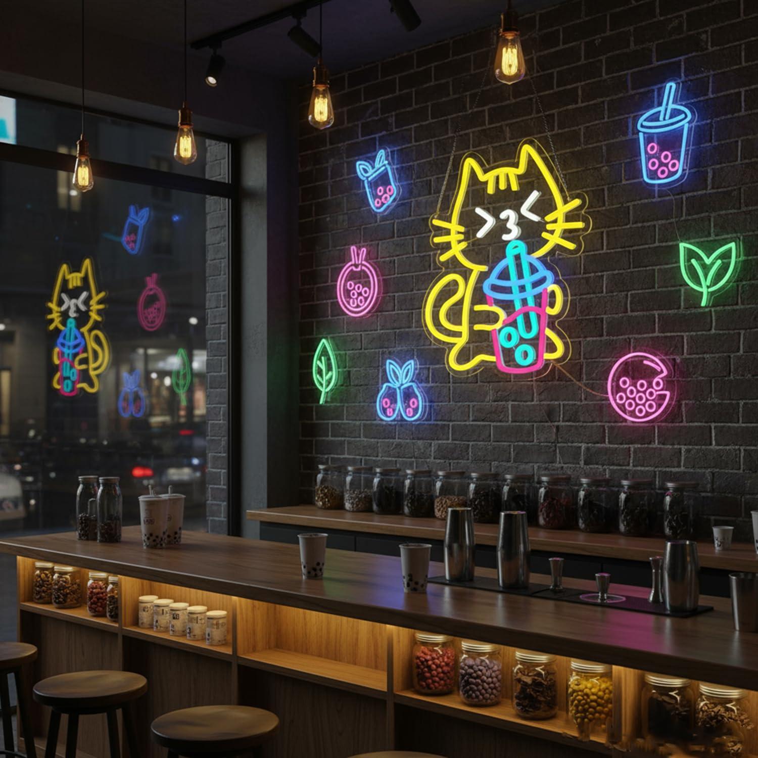 Cat Boba Tea Neon Sign Cute An - Coffee Tea Boba ulasan dan harga